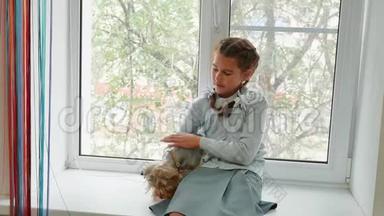 太阳落山时，快乐的女孩和她的狗坐在窗台上。 小女孩和一只宠物狗约克郡猎犬玩耍